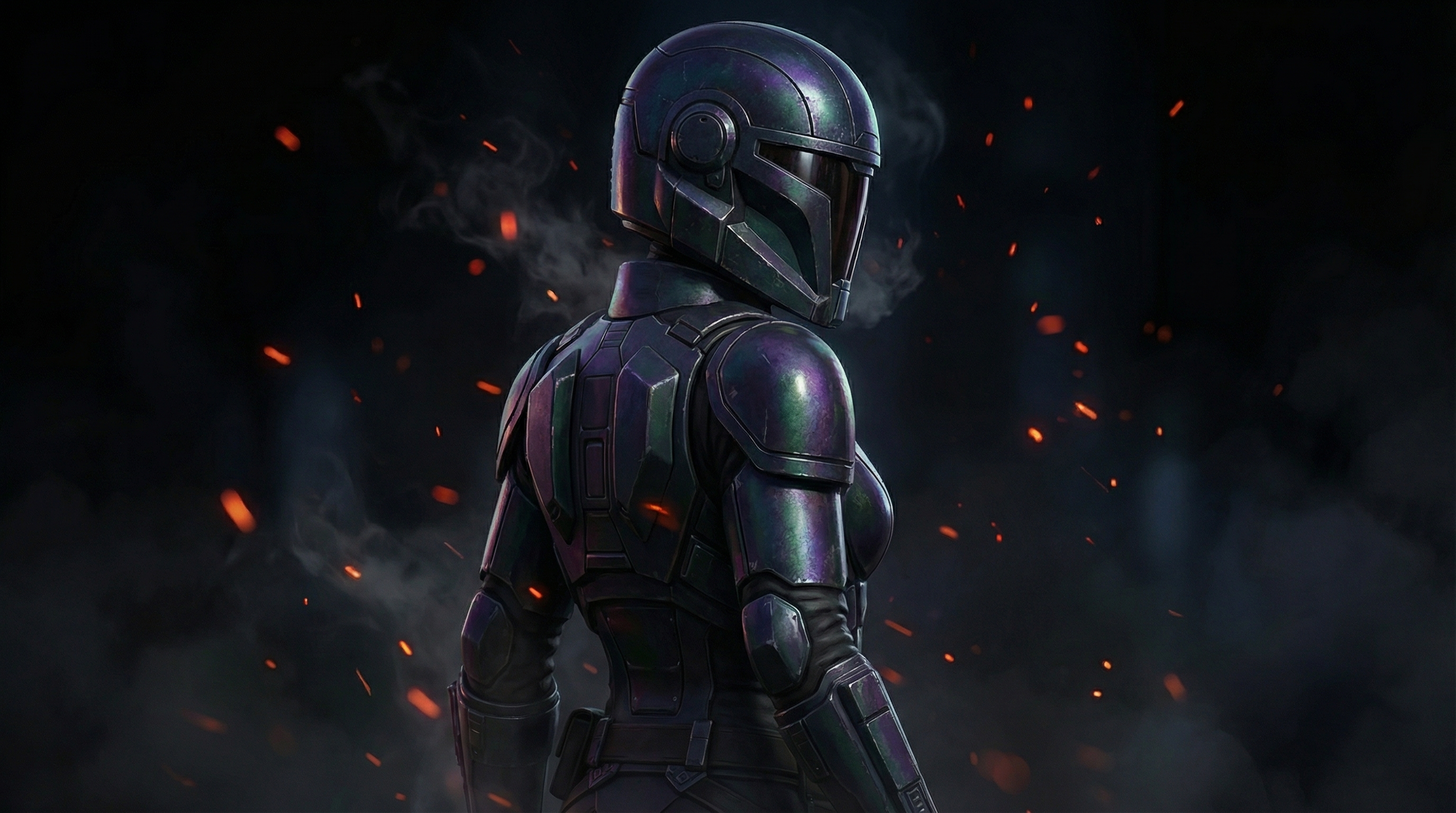Concept art of the Mandalorian's distinctive armor surrounded by floating embers.