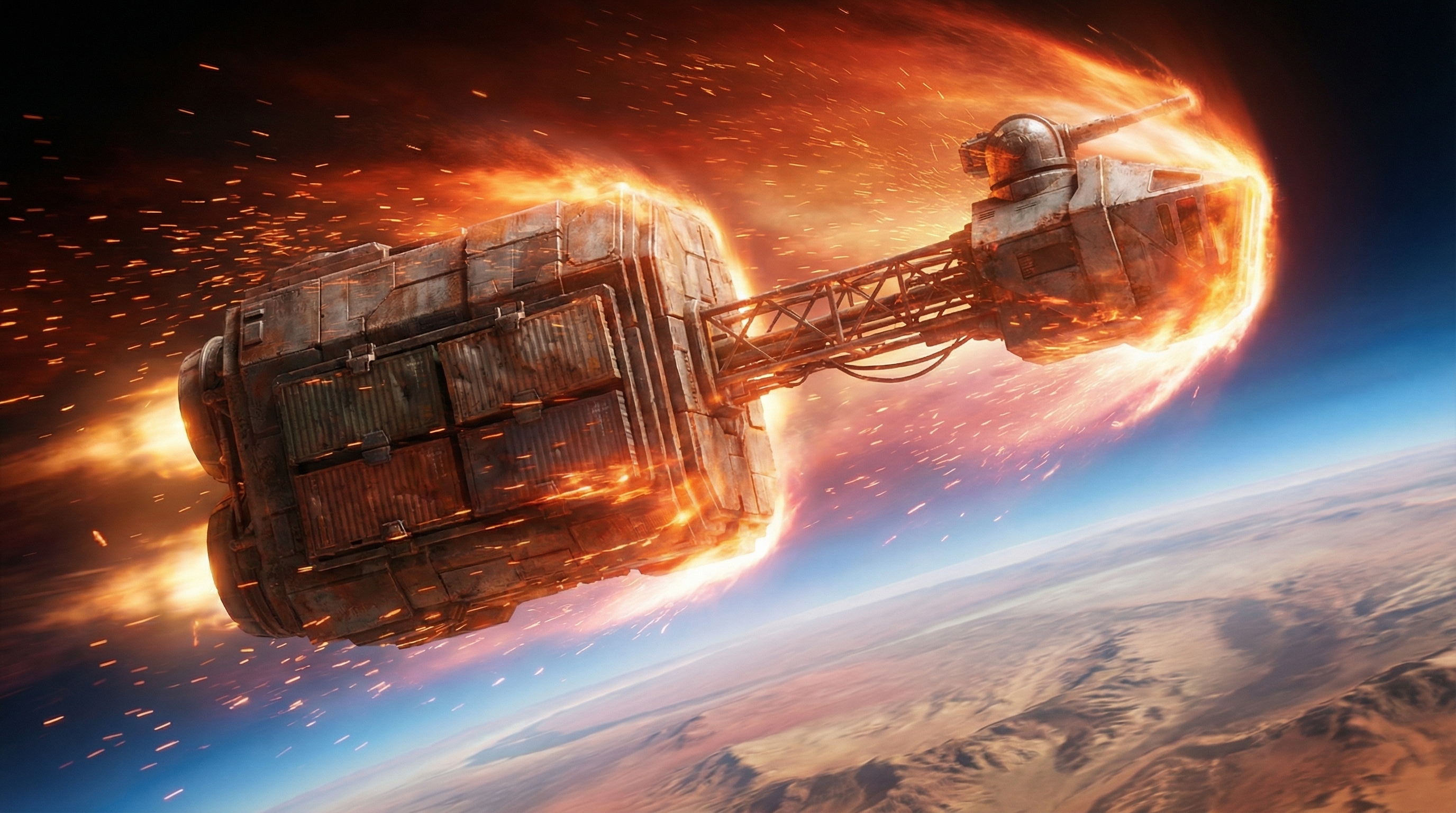 Concept art of the Cinder Drifter breaking through the atmosphere.