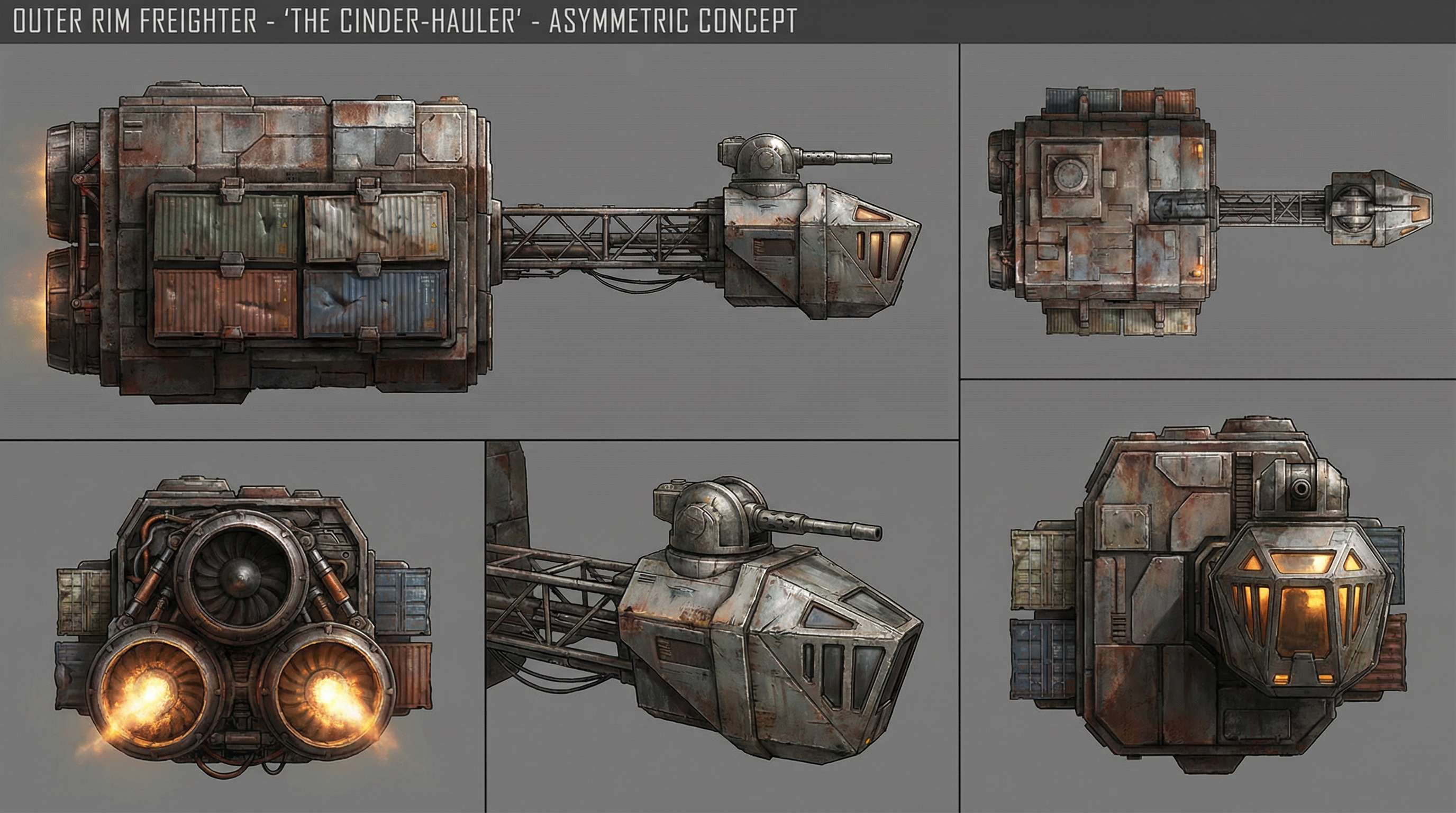 Concept art of the Cinder-Drifter, the modified freighter piloted by the smuggler.