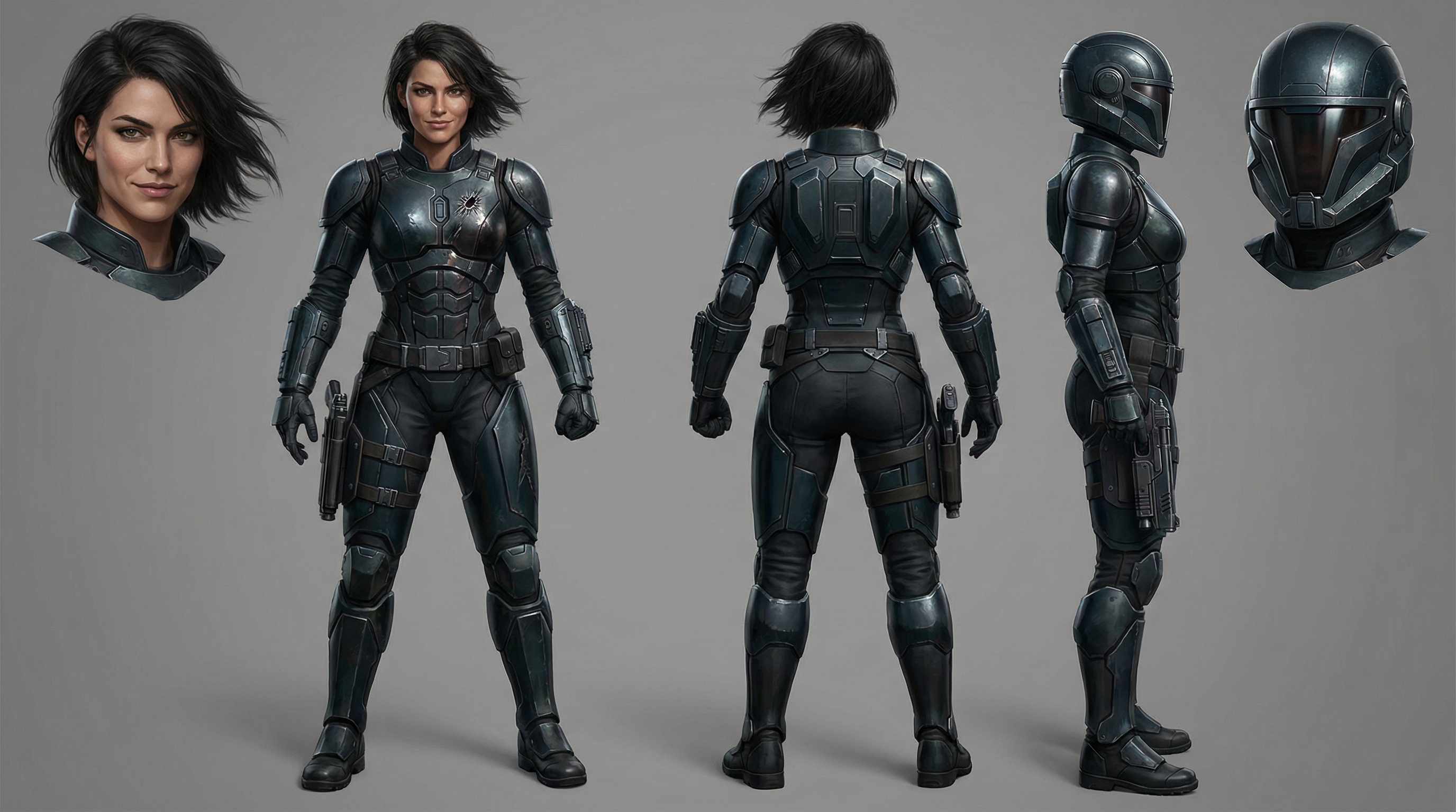 Concept art of the Mandalorian, highlighting her distinctive armor and features.