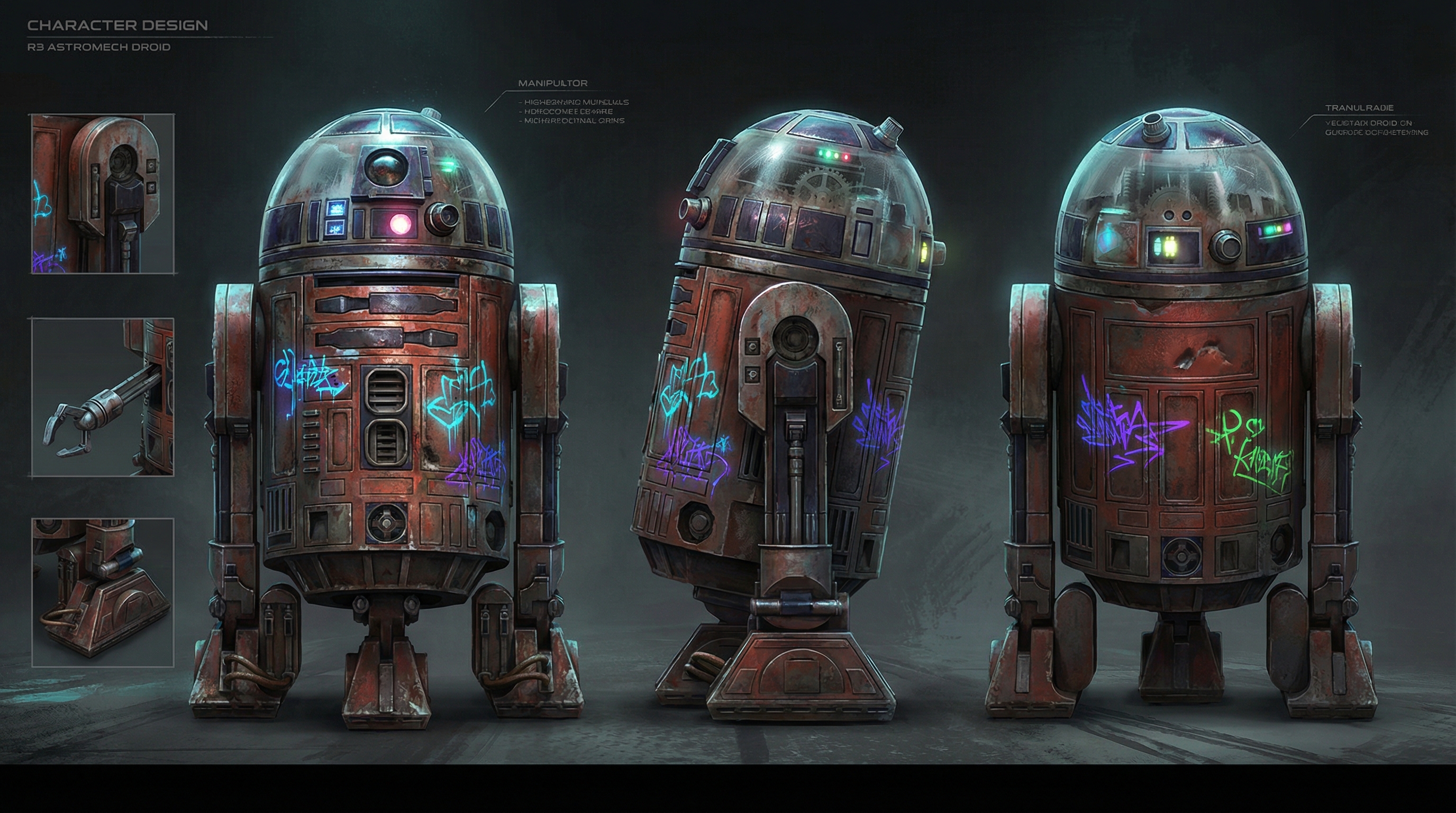 Concept art of R3-V3N, the modified astromech droid with a custom design tailored for infiltration and high-speed chases in the under-city.