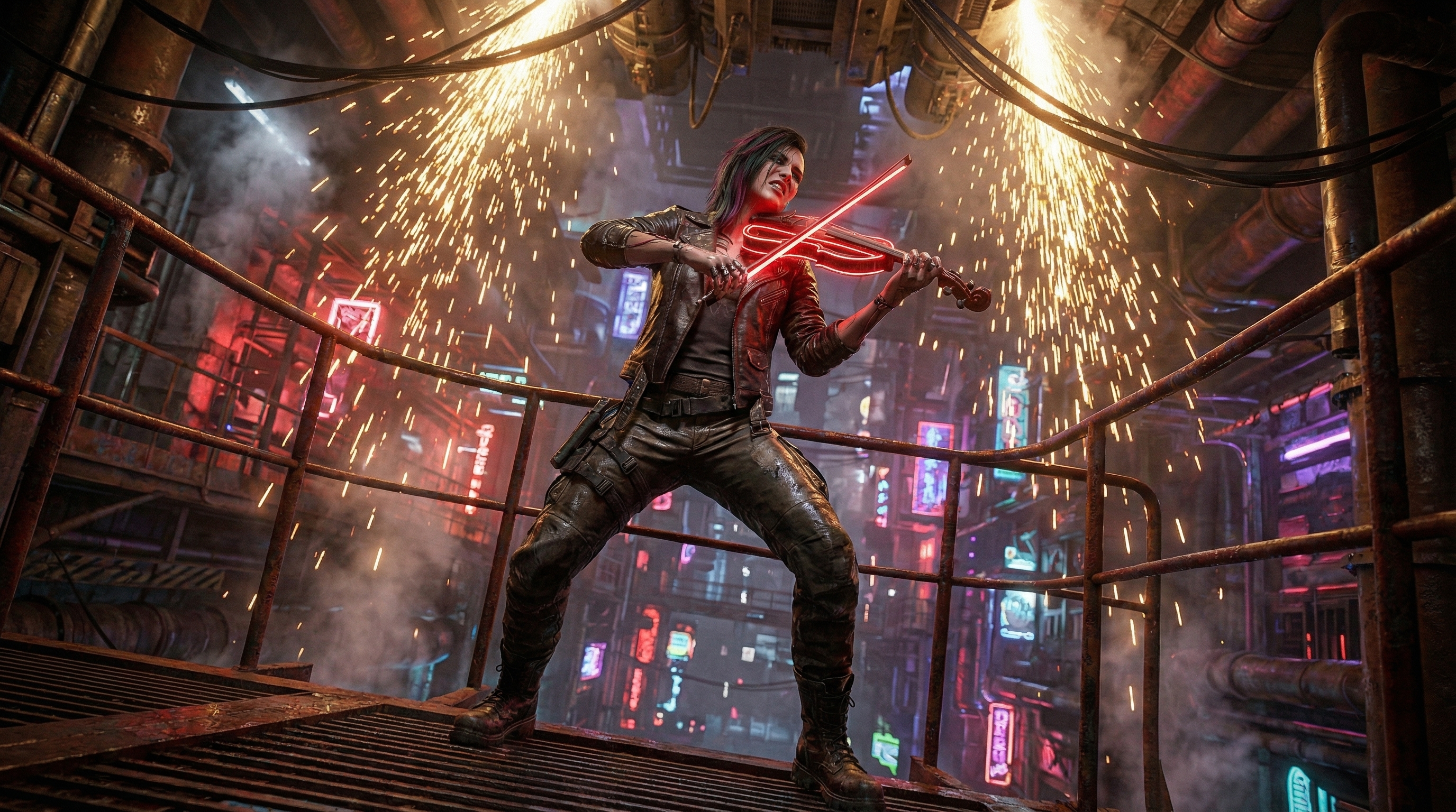 Concept art of the neon-lit catwalk and electronic ambiance of Coruscant's under-city.