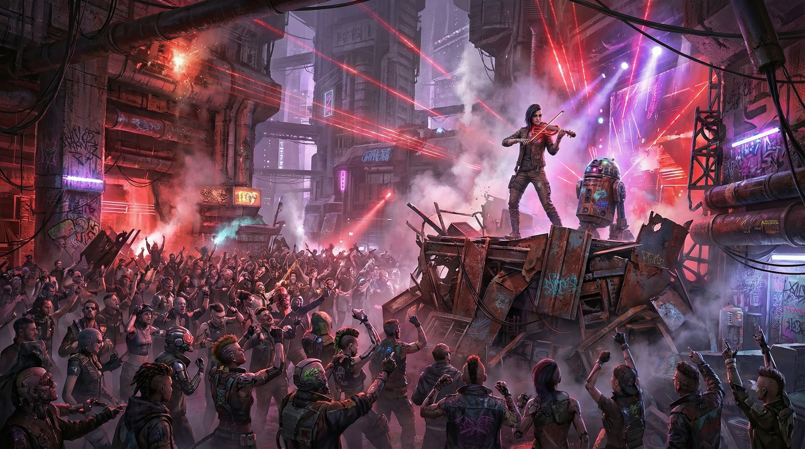 Concept art of Kira performing for an audience, featuring a makeshift stage and a crowd of Coruscant's underworld denizens.